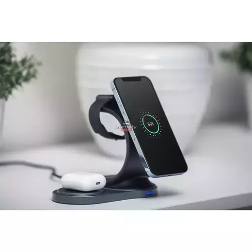 Forcell Qi univerzális vezeték nélküli töltő állomás - 15W - Forcell Sail Magsafe 3in1 Wireless Charger for iPhone + iWatch + AirPods - fekete