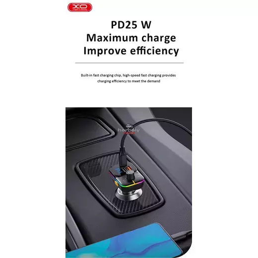 XO Bluetooth FM-transmitter/szivargyújtó töltő - 2xUSB + MP3 + Pendrive lejátszás + RGB Light + PD25W Fast Charger - XO BCC09 - fekete