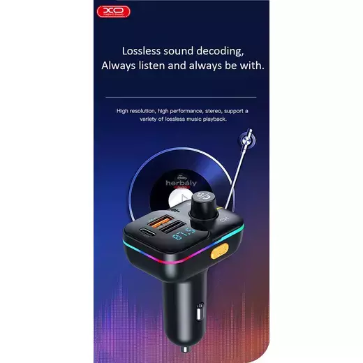 XO Bluetooth FM-transmitter/szivargyújtó töltő - 2xUSB + MP3 + Pendrive lejátszás + RGB Light + PD25W Fast Charger - XO BCC09 - fekete