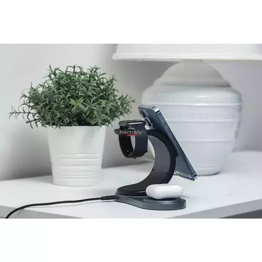 Forcell Qi univerzális vezeték nélküli töltő állomás - 15W - Forcell Sail Magsafe 3in1 Wireless Charger for iPhone + iWatch + AirPods - fekete