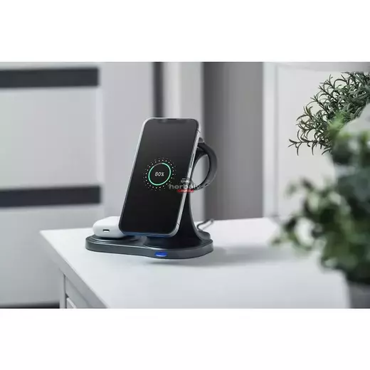 Forcell Qi univerzális vezeték nélküli töltő állomás - 15W - Forcell Sail Magsafe 3in1 Wireless Charger for iPhone + iWatch + AirPods - fekete
