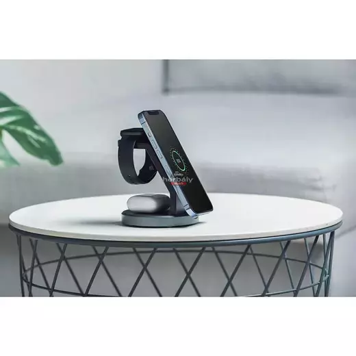Forcell Qi univerzális vezeték nélküli töltő állomás - 15W - Forcell Solid Magsafe 3in1 Wireless Charger for iPhone + iWatch + AirPods - fekete