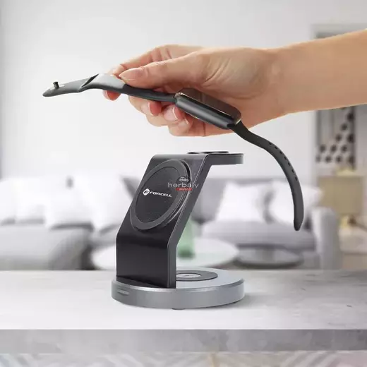 Forcell Qi univerzális vezeték nélküli töltő állomás - 15W - Forcell Solid Magsafe 3in1 Wireless Charger for iPhone + iWatch + AirPods - fekete