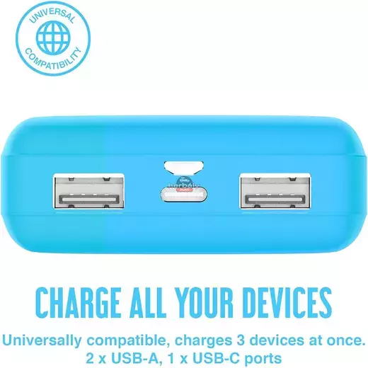 Univerzális hordozható, asztali akkumulátor töltő - Juice ECO 3 Power Bank - 2xUSB +Type-C - 10.000 mAh - világos kék