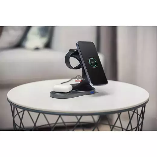 Forcell Qi univerzális vezeték nélküli töltő állomás - 15W - Forcell Sail Magsafe 3in1 Wireless Charger for iPhone + iWatch + AirPods - fekete
