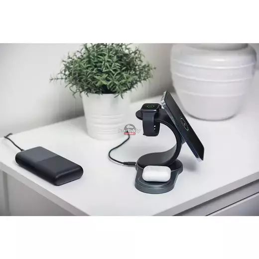 Forcell Qi univerzális vezeték nélküli töltő állomás - 15W - Forcell Sail Magsafe 3in1 Wireless Charger for iPhone + iWatch + AirPods - fekete