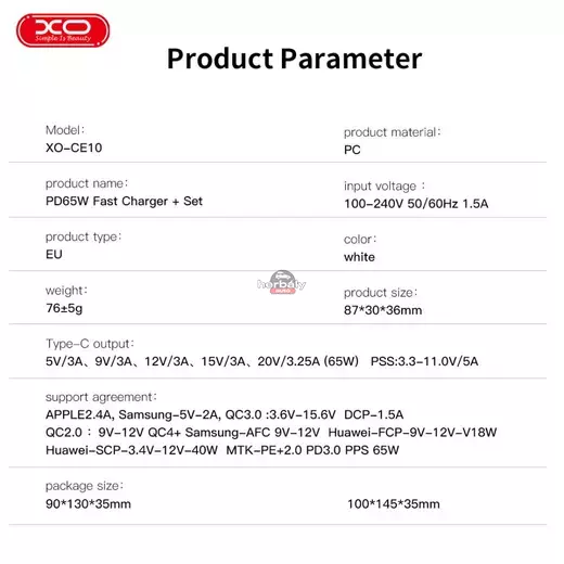 XO GaN hálózati töltő adapter Type-C bemenettel - 65W - XO CE10 PD3.0 + QC3.0 Car Charger - fehér