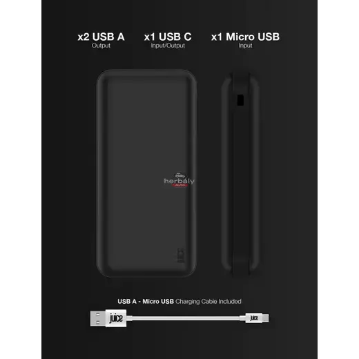 Univerzális hordozható, asztali akkumulátor töltő - Juice ECO 5 Power Bank - 2xUSB + Type-C - 15.000 mAh - fekete
