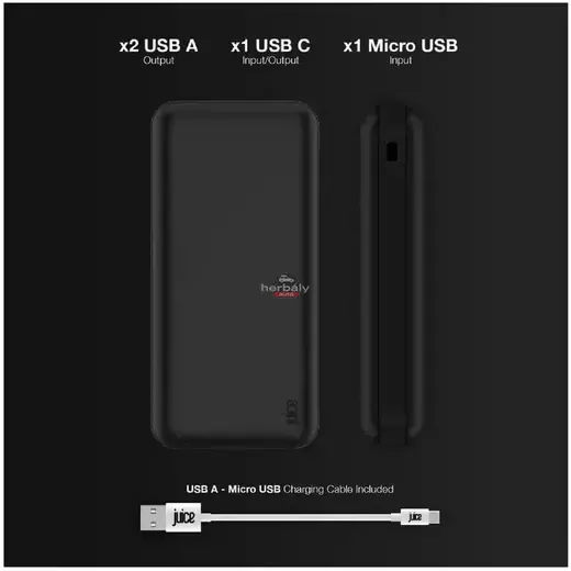 Univerzális hordozható, asztali akkumulátor töltő - Juice ECO MAX Power Bank - 2xUSB + Type-C - 20.000 mAh - fekete