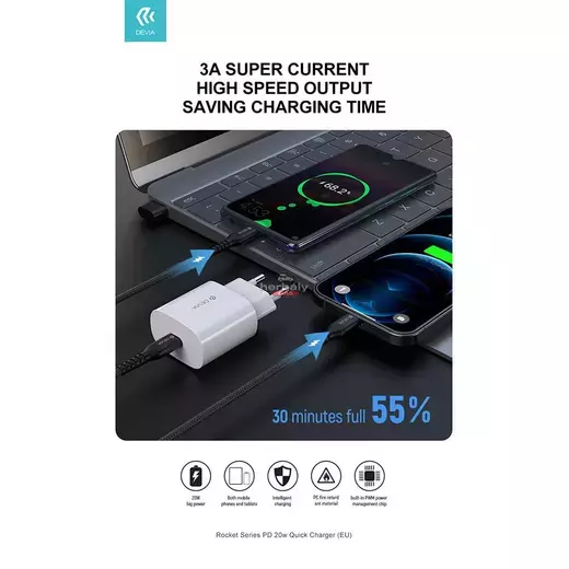 Devia hálózati töltő adapter Type-C bemenettel - 20W - Devia Rocket Series PD3.0Quick Charger - fehér