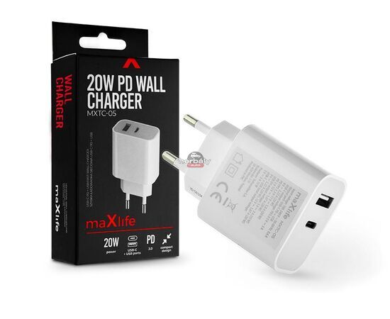 Maxlife hálózati töltő adapter Type-C + USB bemenettel - 20W - Maxlife MXTC-05 Wall Charger PD3.0 - fehér