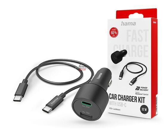 HAMA szivargyújtó töltő adapter USB + Type-C bemenettel + Type-C - Type-C kábel - 32W - HAMA Car Charger Kit with USB-C/USB-A - PD/QC 2.0 / 3.0 - fekete