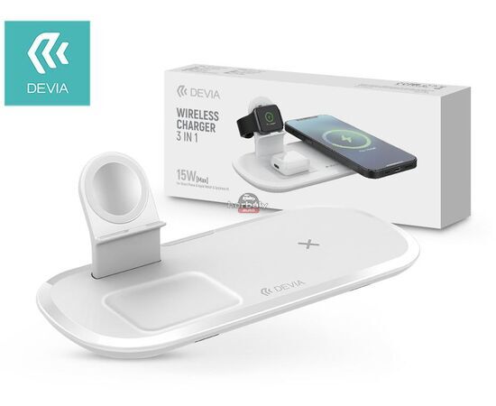 Devia Qi univerzális vezeték nélküli töltő állomás - 15W - Devia V.5 3in1 Wireless Charger for Smartphone + Apple Watch + Earphone - fehér
