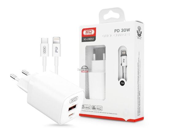 XO hálózati töltő adapter Type-C + USB bemenettel + Type-C - Lightning kábel - 30W - XO L96 Quick Charger Suit PD.3.0, QC3.0 - fehér