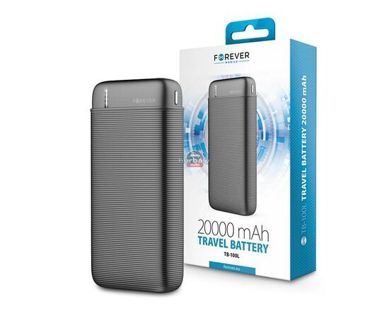 Univerzális hordozható, asztali akkumulátor töltő - Forever TB-100L Power Bank -2xUSB+Type-C+MicroUSB - 20.000 mAh - fekete
