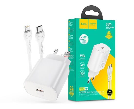 HOCO hálózati töltő adapter Type-C bemenettel + 1 m-es Type-C - Lightning kábel - 25W - HOCO N22 Charger Set PD + QC - fehér