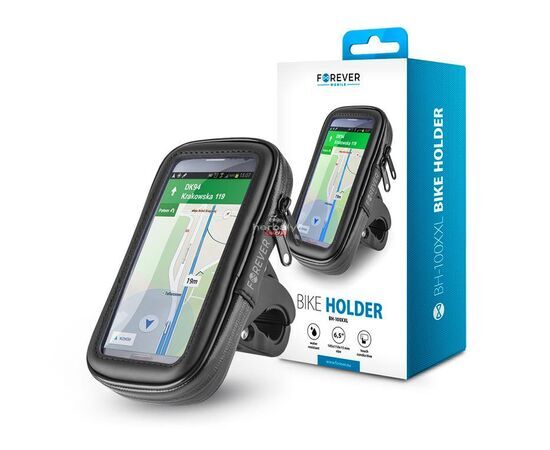 Univerzális kerékpárra szerelhető, por- és cseppálló telefontartó max. 6,5&quot, méretű készülékekhez - Forever BH-100XXL Bike Holder - fekete