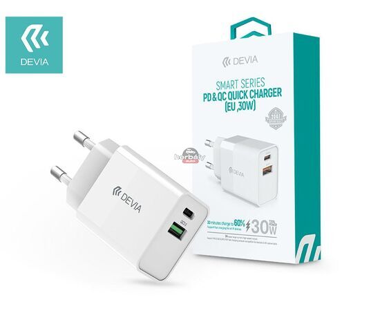 Devia hálózati töltő adapter Type-C + USB bemenettel - 30W - Devia Smart Series PD3.0 + QC3.0 Quick Charger - fehér