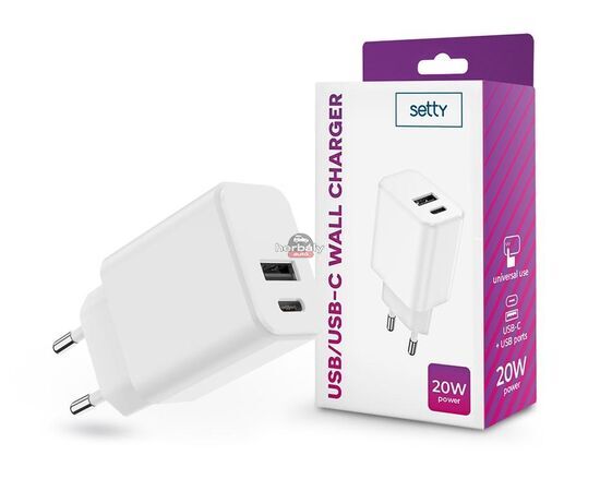 Setty hálózati töltő adapter Type-C + USB bemenettel - 20W - Setty USB/USB-C Wall Charger PD3.0 - fehér