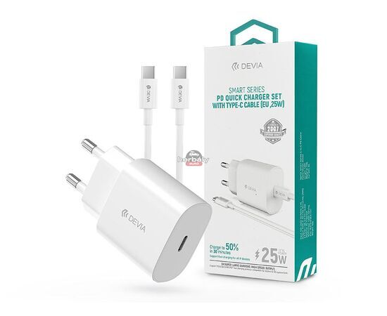 Devia hálózati töltő adapter Type-C bemenettel + Type-C - Type-C adatkábel - 25W - Devia Smart Series PD Quick Charger Set - fehér