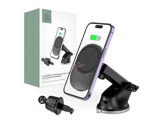 Tech-Protect Qi vezeték nélküli, szellőzőrácsba illeszthető/műszerfalra szerelhető autós tartó/gyorstöltő MagSafe vezeték nélküli funkcióval - Tech-Protect MM15W-V1 - fekete