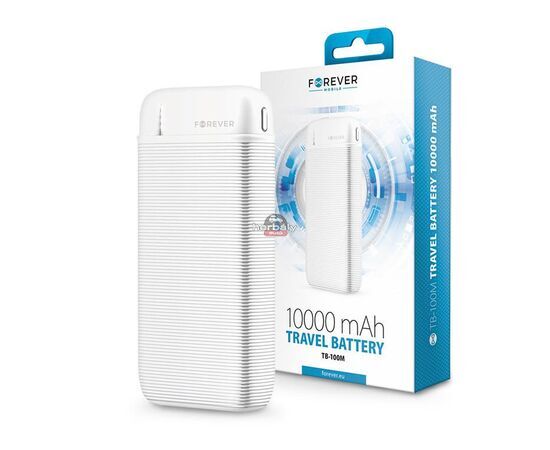 Univerzális hordozható, asztali akkumulátor töltő - Forever TB-100M Power Bank - USB+Type-C+MicroUSB - 10.000 mAh - fehér