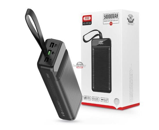XO univerzális hordozható, asztali akkumulátor töltő - 50.000 mAh - XO PR158 Power Bank - 3xUSB + microUSB + Type-C + Lightning - QC 22.5W TYP-C - PD 20W AFC FCP - fekete