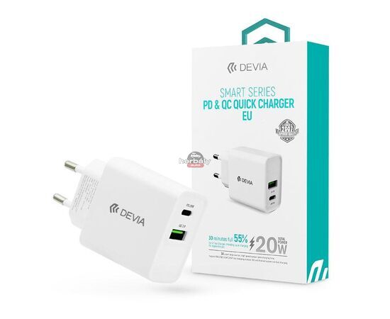 Devia hálózati töltő adapter Type-C + USB bemenettel - 20W - Devia Smart Series PD3.0 + QC3.0 - Qualcomm Quick Charge 3.0 - fehér
