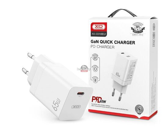 XO GaN hálózati töltő adapter Type-C bemenettel - 65W - XO CE10 PD3.0 + QC3.0 Car Charger - fehér