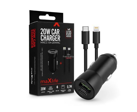 Maxlife szivargyújtós töltő adapter USB + Type-C bemenettel + Type-C - Lightningkábel - 20W - Maxlife MXCC-04-20WAC PD3.0 + QC3.0 Car Charger - fekete
