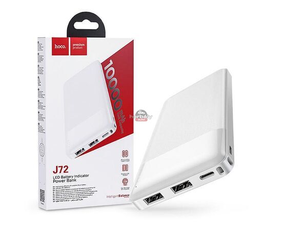 Univerzális hordozható, asztali akkumulátor töltő - HOCO J72 Power Bank - 2xUSB + Type-C + micro USB - 10.000 mAh - fehér