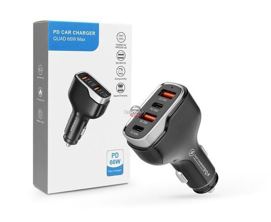 Quad szivargyújtó töltő adapter 2xUSB + 2xType-C bemenettel - 66W - Quad CC53-2A2C Car Charger PD 66W + QC 3.0 - fekete