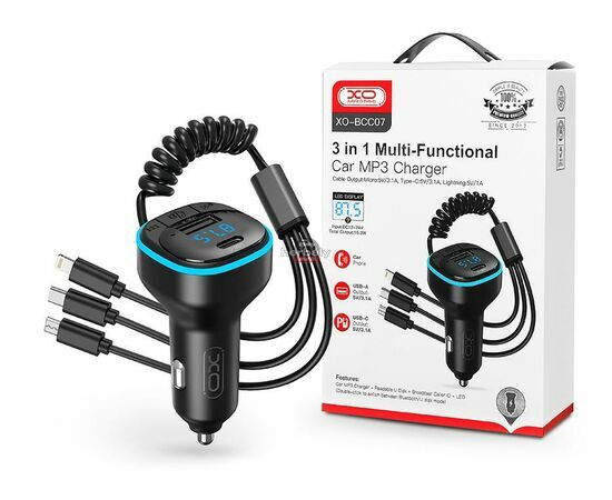 XO Bluetooth FM-transmitter/szivargyújtó töltő - USB + Type-C + MP3/FLAC/APE + Pendrive/TF-kártyaolvasó - XO BCC07 3in1 Car Charger - fekete