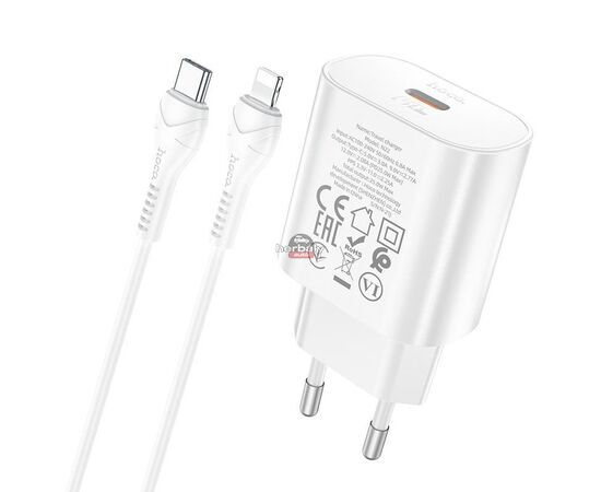 HOCO hálózati töltő adapter Type-C bemenettel + 1 m-es Type-C - Lightning kábel - 25W - HOCO N22 Charger Set PD + QC - fehér