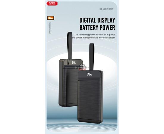XO univerzális hordozható, asztali akkumulátor töltő - 50.000 mAh - XO PR158 Power Bank - 3xUSB + microUSB + Type-C + Lightning - QC 22.5W TYP-C - PD 20W AFC FCP - fekete
