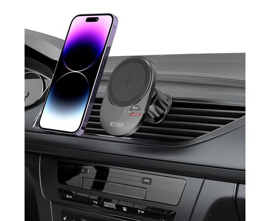 Tech-Protect Qi vezeték nélküli, szellőzőrácsba illeszthető/műszerfalra szerelhető autós tartó/gyorstöltő MagSafe vezeték nélküli funkcióval - Tech-Protect MM15W-V1 - fekete