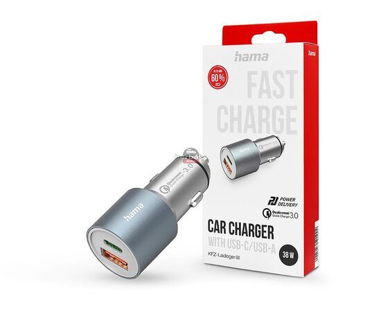 HAMA szivargyújtó töltő adapter USB + Type-C bemenettel - 38W - HAMA Charger Kitwith USB-C/USB-A PD3.0 + QC3.0 - szürke