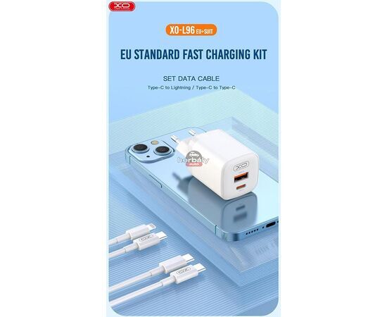 XO hálózati töltő adapter Type-C + USB bemenettel + Type-C - Lightning kábel - 30W - XO L96 Quick Charger Suit PD.3.0, QC3.0 - fehér