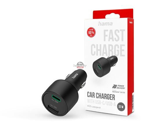 HAMA szivargyújtó töltő adapter USB + Type-C bemenettel - 32W - HAMA Charger Kitwith USB-C/USB-A PD3.0 + QC3.0 - fekete