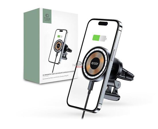 Tech-Protect Qi vezeték nélküli, szellőzőrácsba illeszthető autós tartó/gyorstöltő MagSafe vezeték nélküli funkcióval - Tech-Protect MM15W-V5 - fekete