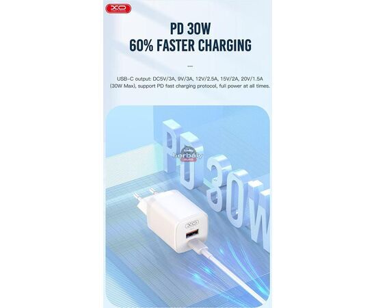 XO hálózati töltő adapter Type-C + USB bemenettel + Type-C - Lightning kábel - 30W - XO L96 Quick Charger Suit PD.3.0, QC3.0 - fehér