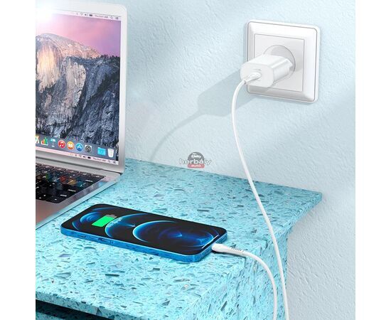 HOCO hálózati töltő adapter Type-C bemenettel + 1 m-es Type-C - Lightning kábel - 25W - HOCO N22 Charger Set PD + QC - fehér