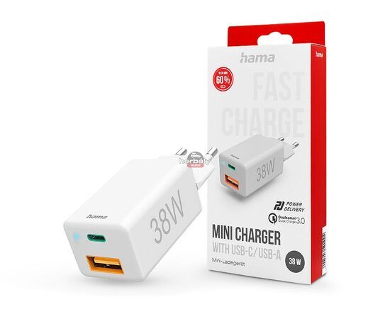 HAMA hálózati töltő adapter Type-C + USB bemenettel - 38W - HAMA Mini Fast Charge PD3.0 + QC3.0 - fehér