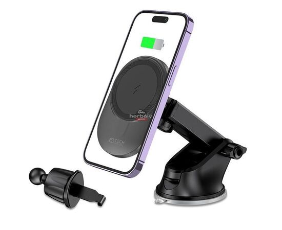 Tech-Protect Qi vezeték nélküli, szellőzőrácsba illeszthető/műszerfalra szerelhető autós tartó/gyorstöltő MagSafe vezeték nélküli funkcióval - Tech-Protect MM15W-V1 - fekete