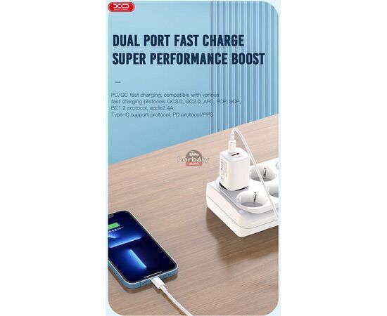 XO hálózati töltő adapter Type-C + USB bemenettel + Type-C - Lightning kábel - 30W - XO L96 Quick Charger Suit PD.3.0, QC3.0 - fehér