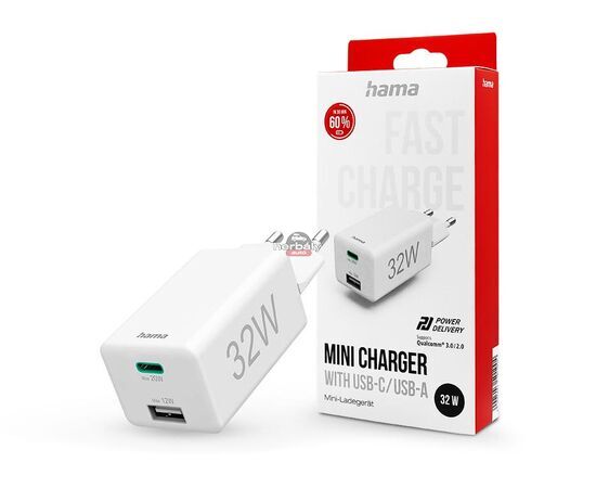 HAMA hálózati töltő adapter Type-C + USB bemenettel - 32W - HAMA Mini Fast Charge PD3.0 + QC3.0 - fehér