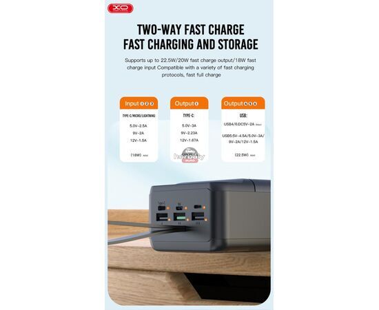 XO univerzális hordozható, asztali akkumulátor töltő - 50.000 mAh - XO PR158 Power Bank - 3xUSB + microUSB + Type-C + Lightning - QC 22.5W TYP-C - PD 20W AFC FCP - fekete