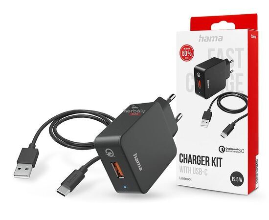 HAMA hálózati töltő adapter USB bemenettel + USB - Type-C kábel - 19.5W - HAMA Charger Kit with USB-C QC3.0 - fekete