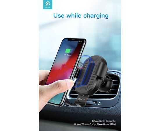 Devia szellőzőrácsba illeszthető vezeték nélküli autós töltő/tartó - 5V/2A - Devia Sensor Car Air Vent Wireless Charger Phone Holder - 10W - Qi szabványos - fekete