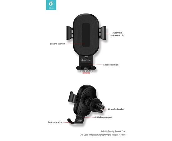 Devia szellőzőrácsba illeszthető vezeték nélküli autós töltő/tartó - 5V/2A - Devia Sensor Car Air Vent Wireless Charger Phone Holder - 10W - Qi szabványos - fekete